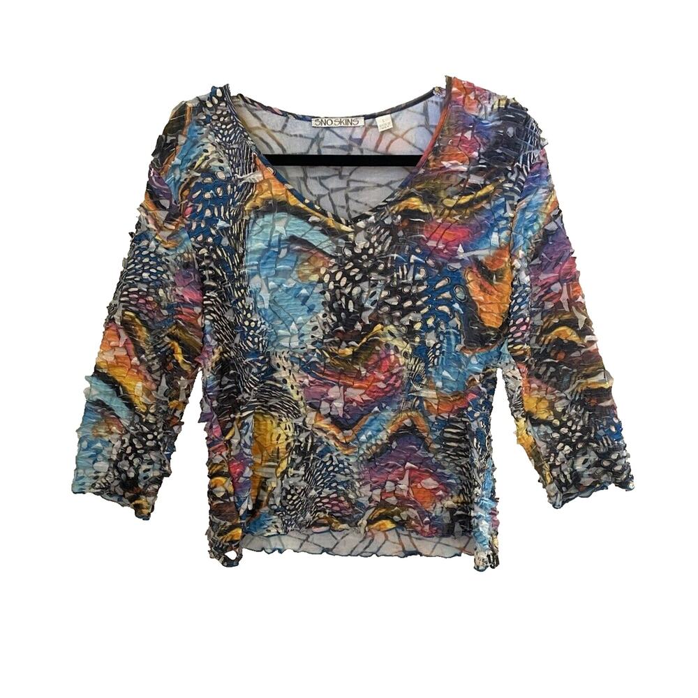 Sno Skins Shirt Womens Large Vintage Y2K Artsy Crinkle Pullover Stretch Top USA